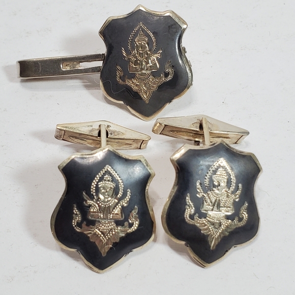 Cufflinks & Tie Bar Set Thai Buddha Sterling Nielloware Black Stone